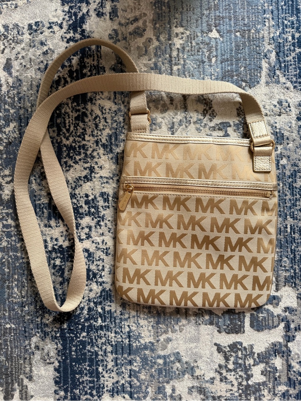 Michael Kors MK Monogram Beige Gold Crossbody Bag